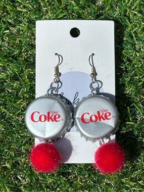 Diet Coke Bottle Cap Earrings with Pom-Poms
